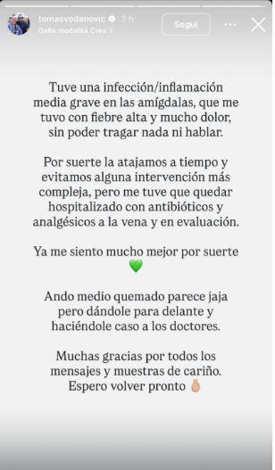 Actualización de salud Tomás Vodanovic - Instagram Tomás Vodanovic