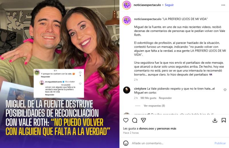 Instagram (@noticiasespectaculo) - Mensaje de Miguel de la Fuente, ex de Valentina Roth