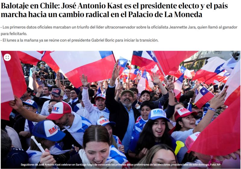 T13 - Prensa internacional y el triunfo de Kast: “Amplia victoria” y “giro político a la extrema derecha” dicen los medios | Captura de Clarín