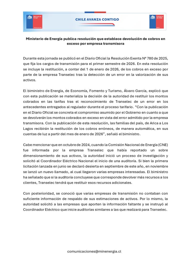 Ministerio de Energía publica resolución que establece devolución de cobros en exceso por empresa transmisora