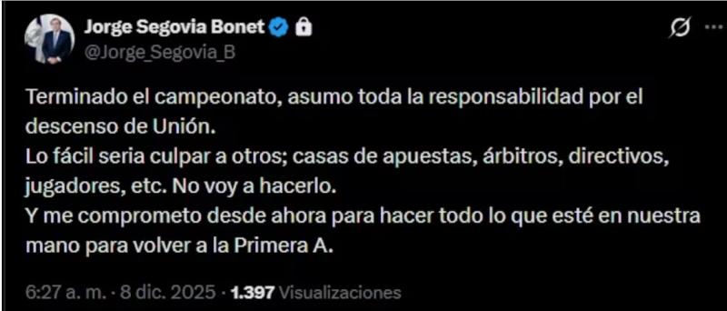 Mensaje de Jorge Segovia tras el descenso de Unión de la categoría de honor