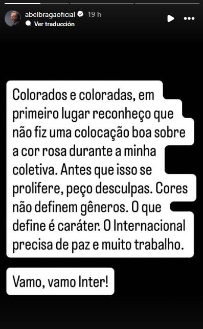Disculpas de Abel Braga, nuevo DT del Inter de Porto Alegre, por sus dichos - Captura de redes sociales