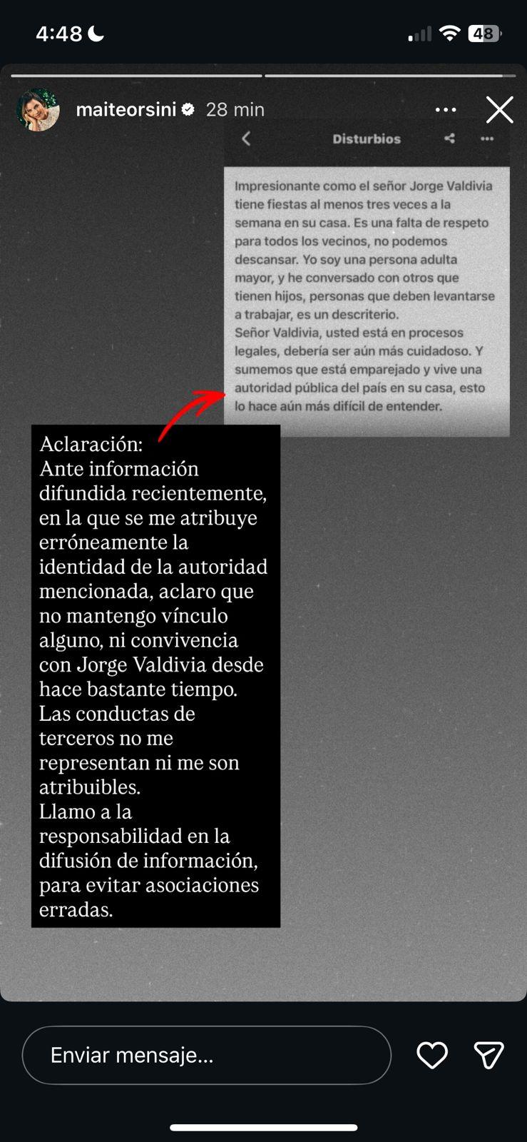 Captura de Instagram - Maite Orsini negó tener relación con Jorge Valdivia
