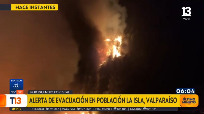 Alerta de evacuación en población La Isla en Valparaíso por incendio forestal