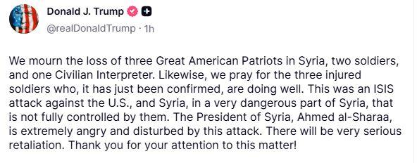 Comentario de Trump por ataque de Estado Islámico en Siria- Truth Social, Donald Trump