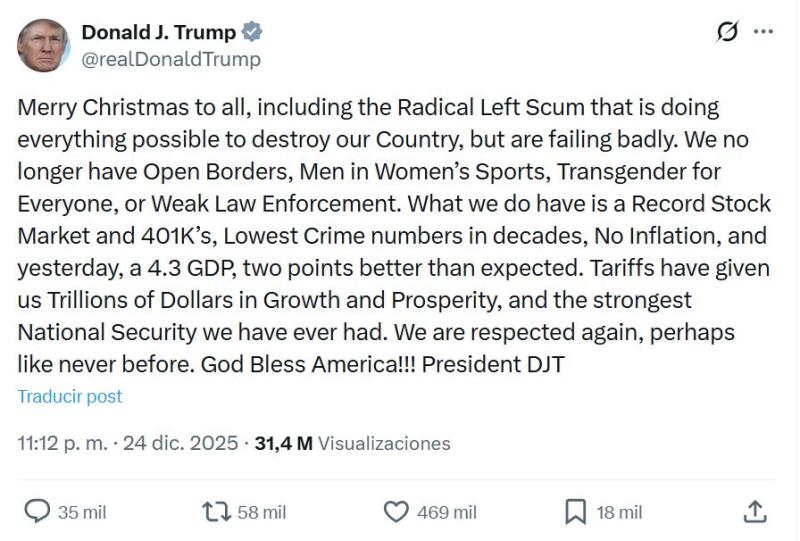 Mensaje de Navidad de Trump - X (ex Twitter) @/realDonaldTrump
