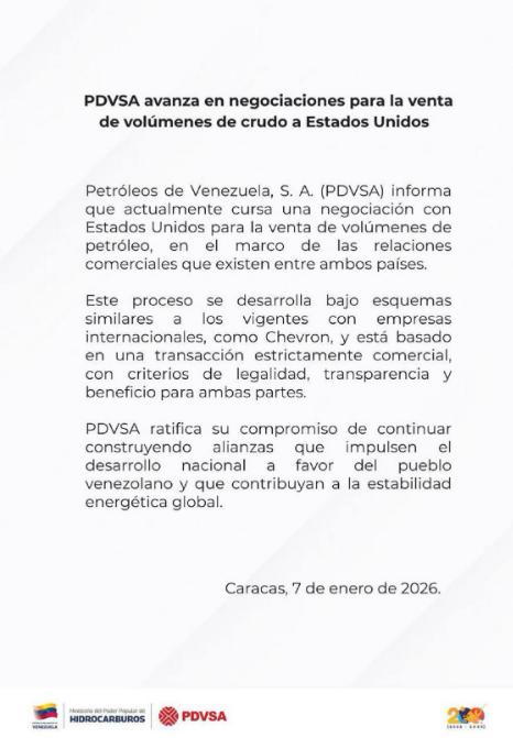 Comunicado PDVSA sobre acuerdo del petróleo