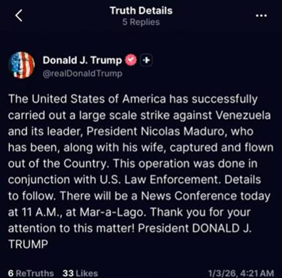 Trump dice que Maduro fue "capturado y sacado" de Venezuela - Truth Social
