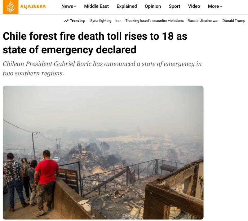 T13 - Prensa internacional retrata devastación por incendios forestales que golpean a Biobío y Ñuble | Captura de Al Jazeera