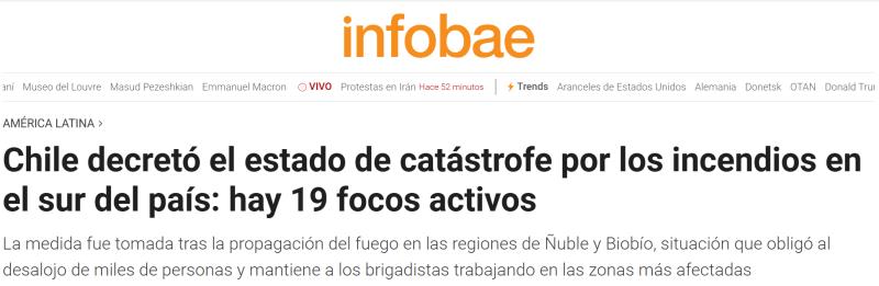 T13 - Prensa internacional retrata devastación por incendios forestales que golpean a Biobío y Ñuble | Captura de Infobae