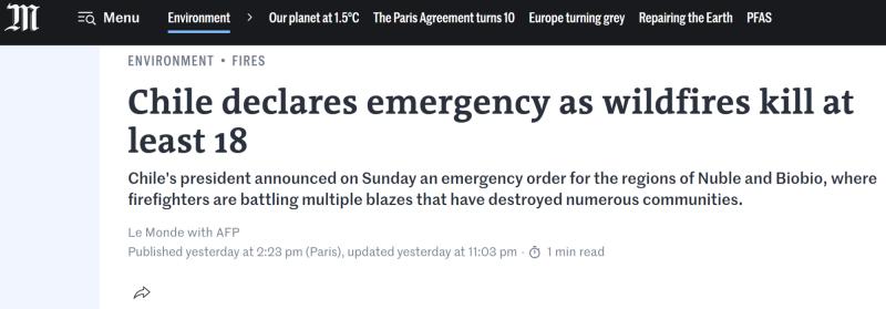 Le Monde - Prensa internacional retrata devastación por incendios forestales que golpean a Biobío y Ñuble