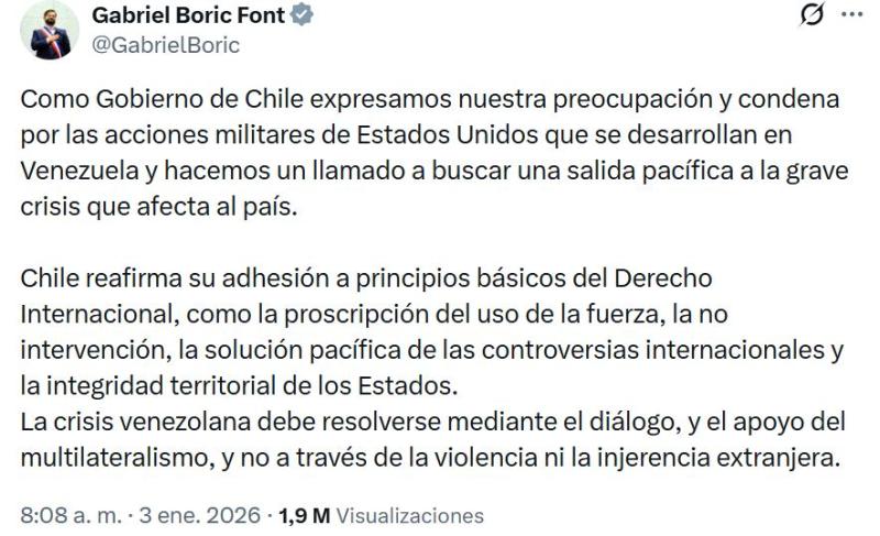 Comunicado del presidente Boric tras el ataque de EE.UU. a Venezuela - X
