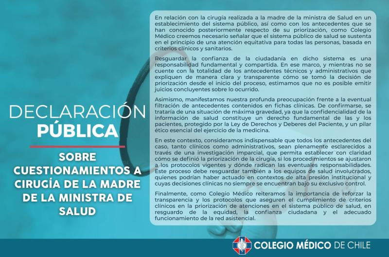 Colegio Médico de Chile se refirió a cuestionamientos a madre de ministra Aguilera