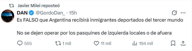 Javier Milei reposteó publicación en que niegan que recibirá deportados de EEUU - Twitter (X)