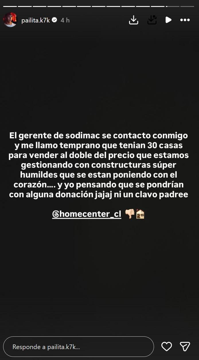 Captura - El mensaje de Pailita contra Homecenter Sodimac