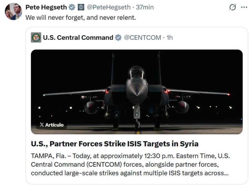 Pete Hegseth tras ataque a EI en Siria - X (ex Twitter)