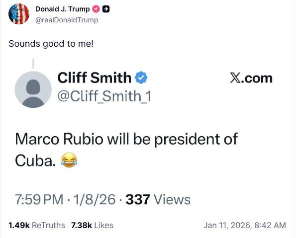 Trump apoya que Marco Rubio sea el Presidente de Cuba - Truth Social