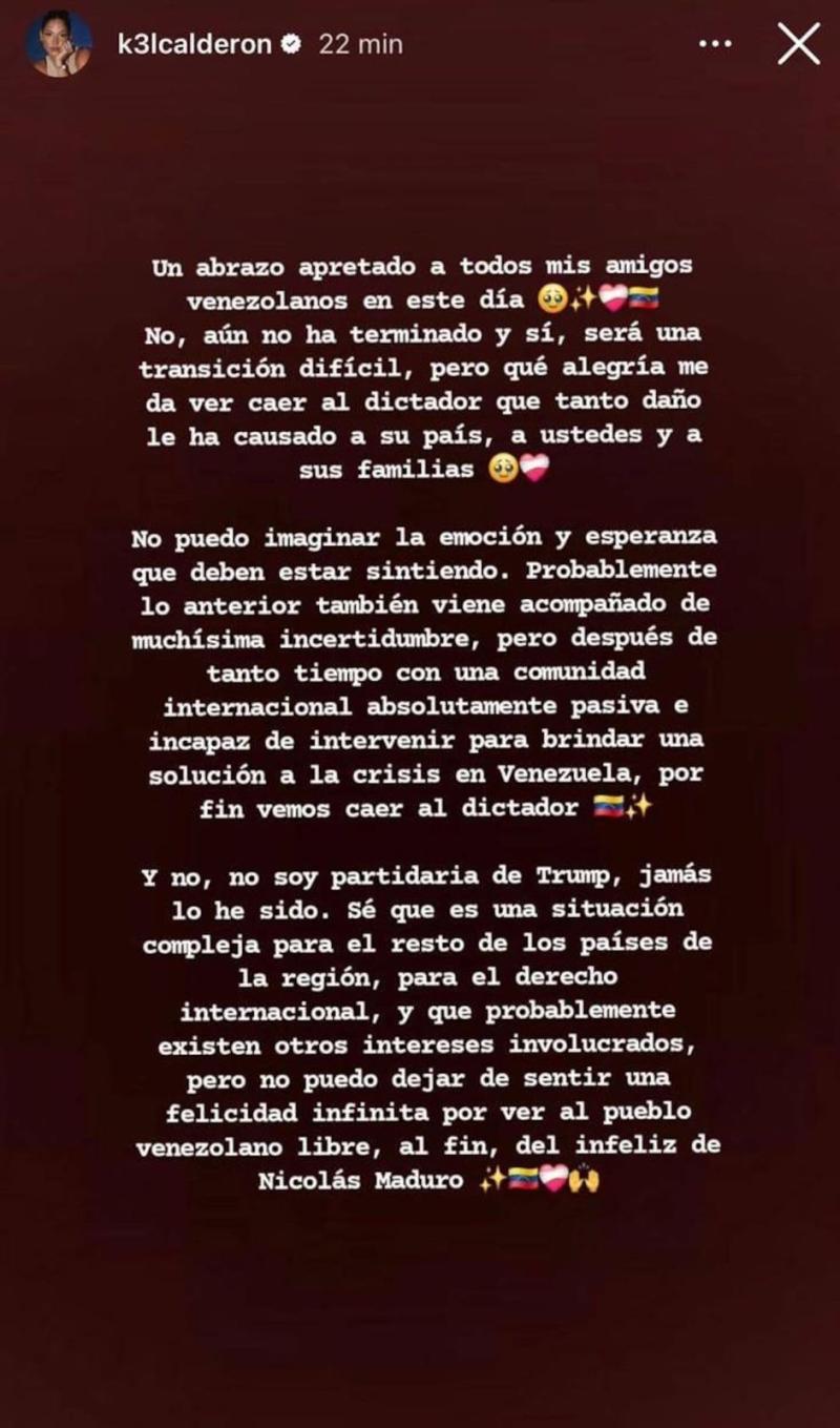 Instagram - Kel Calderón habla de Venezuela (captura de La Cuarta)