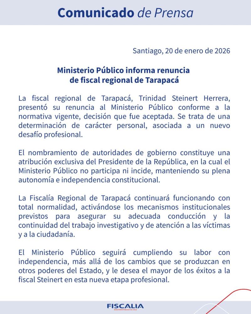 Ministerio Público - Renuncia Trinidad Steinert a la Fiscalía Regional de Tarapacá