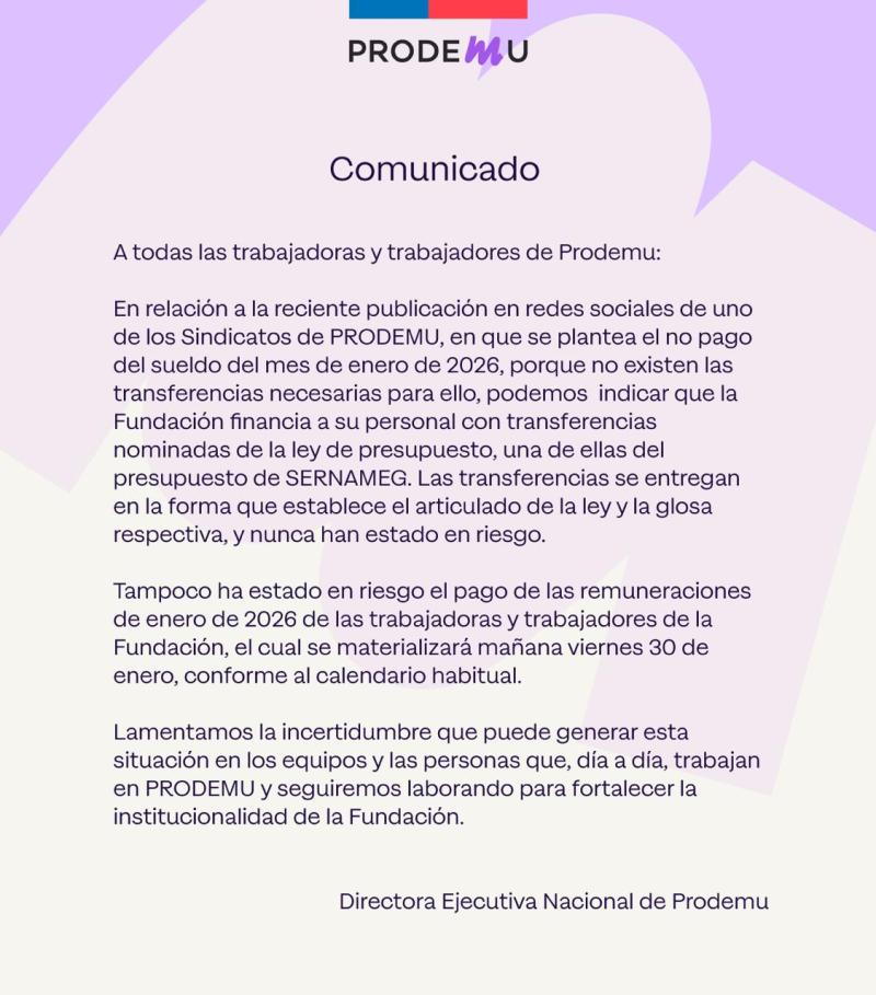 Prodemu asegura que pago de sueldos "nunca han estado en riesgo"
