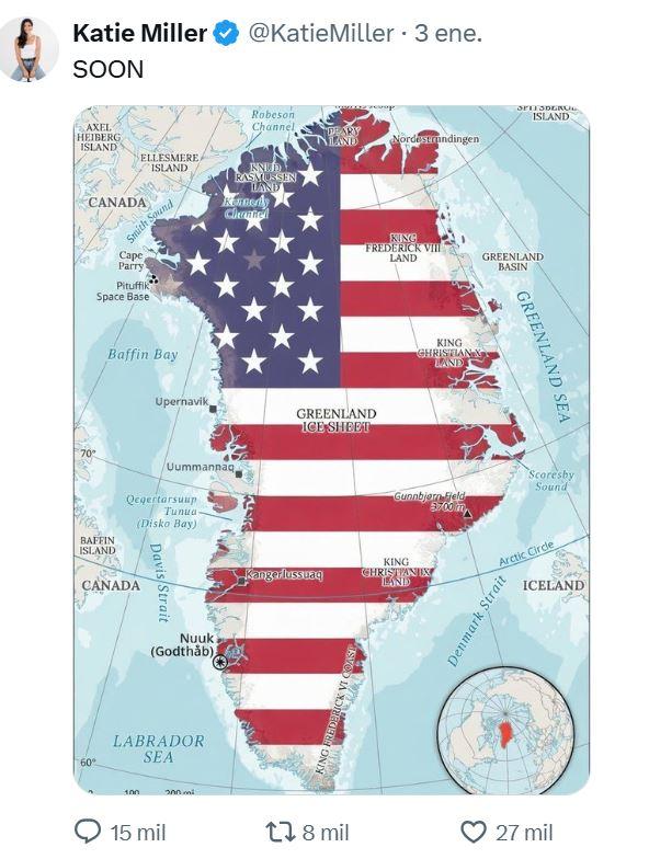 La publicación de Katie Miller sobre Groenlandia - X (ex Twitter)