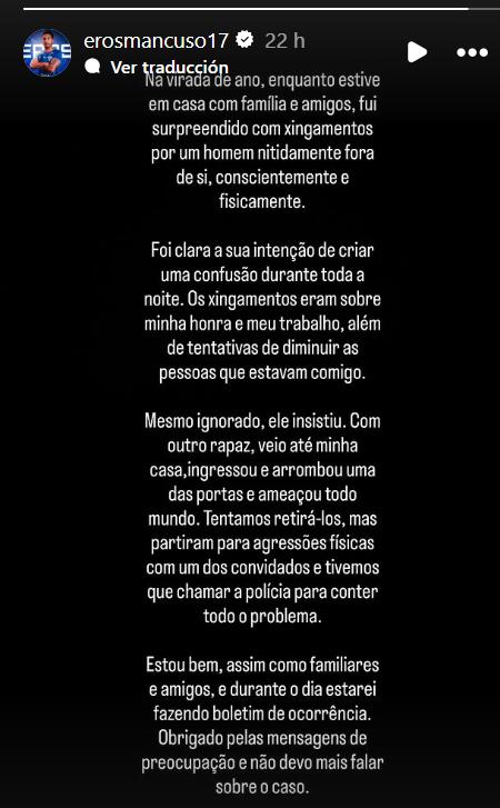 'Storie' Eros Mancuso - Instagram: (@erosmancuso17) - Futbolistas argentinos protagonizan sangriento episodio en Año Nuevo en Brasil