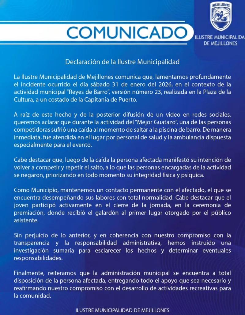 Comunicado de Municipalidad de Mejillones por incidente en 'Mejor Guatazo'