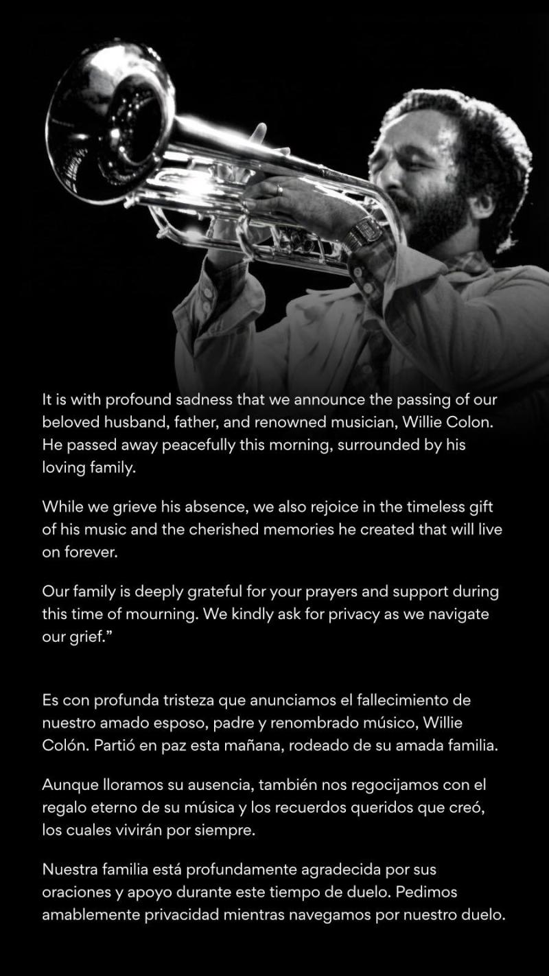 Reportan el fallecimiento del cantautor y trombonista Willie Colón - Facebook