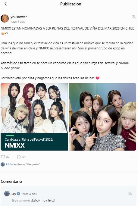 App Fans - respuesta de Lily integrante del grupo NMIXX