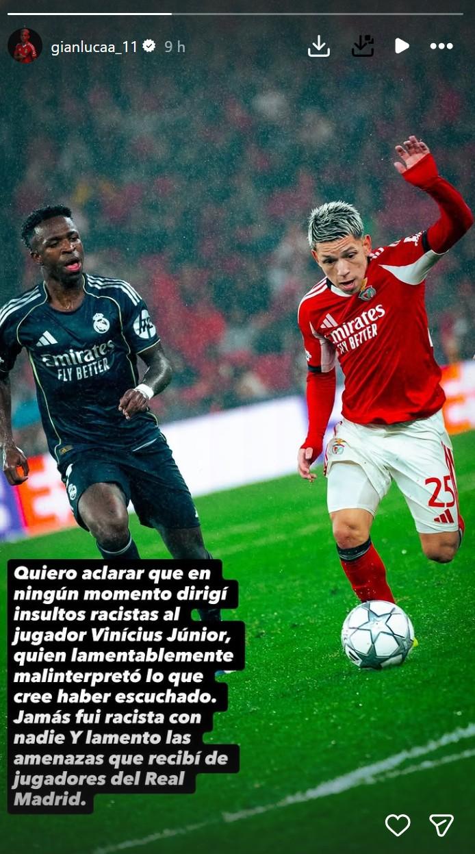 Captura - El mensaje de Gianluca Prestianni tras polémica con Vini