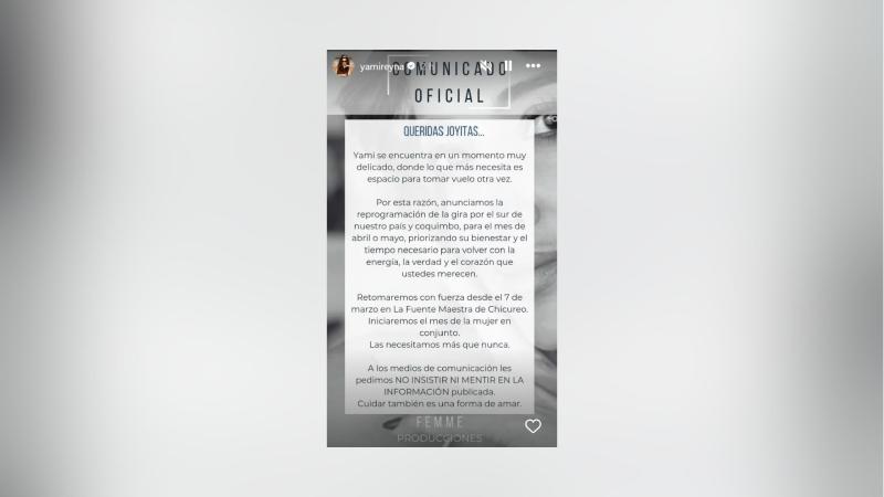 Instagram -Yamila Reyna posterga fechas de su gira tras polémico quiebre con Américo