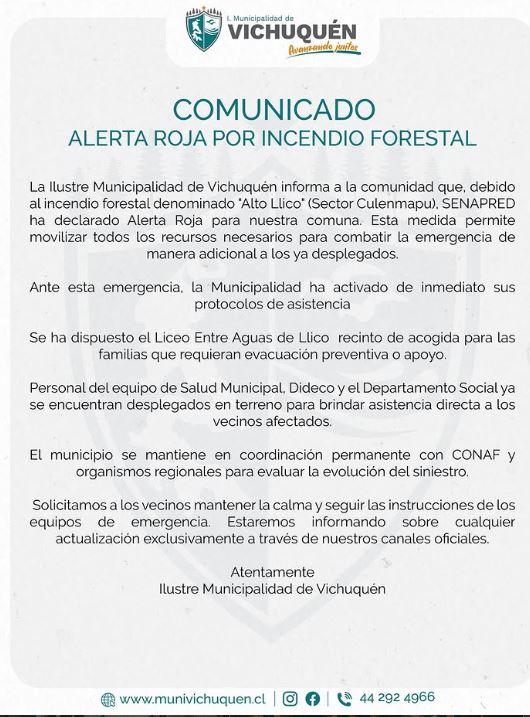 Comunicado de la municipalidad de Vichuquén - Facebook