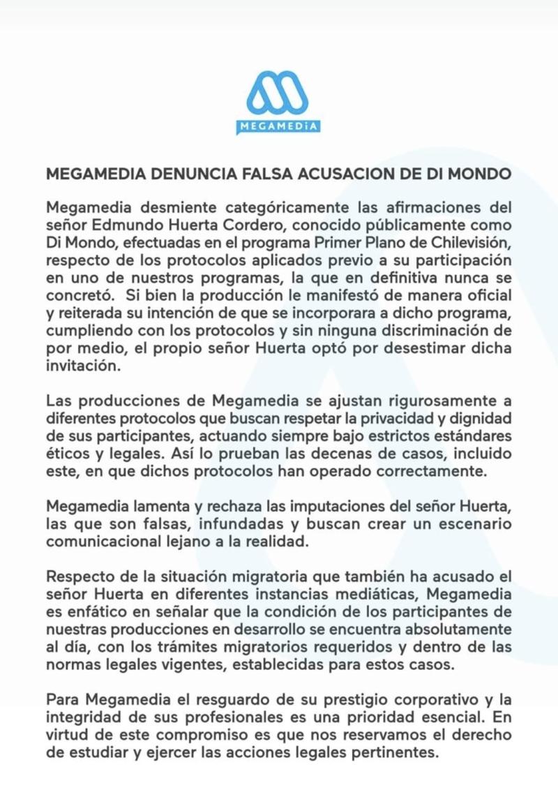 "Falsas, infundadas": Mega responde a graves acusaciones de Di Mondo tras conocerse su VIH positivo