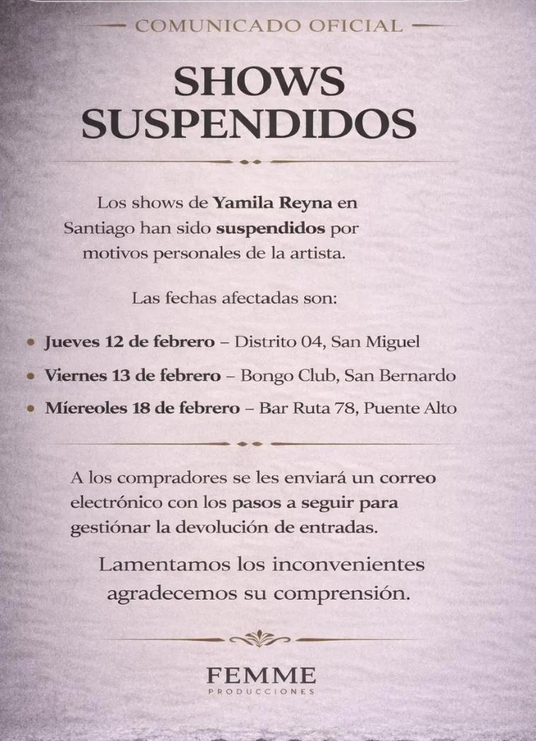 Productora Femme - Yamila Reyna suspende sus próximos shows