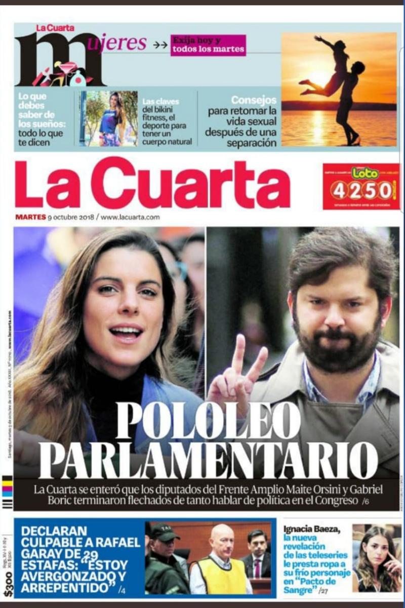Maite Orsini aclara si hubo romance con el expresidente Gabriel Boric: “Siempre estábamos los dos del mismo lado" - Captura portada La Cuarta 9 de octubre de 2018