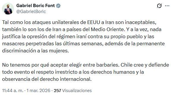Respuesta de Boric a ataques en Irán de EE.UU. e Israel - X