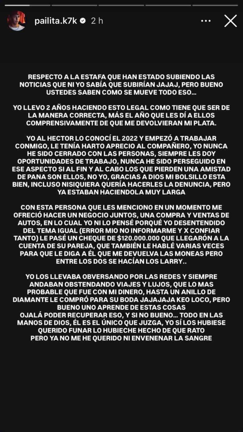 Redes sociales - Pailita entrega detalles en redes sociales por presunta estafa por $150 millones