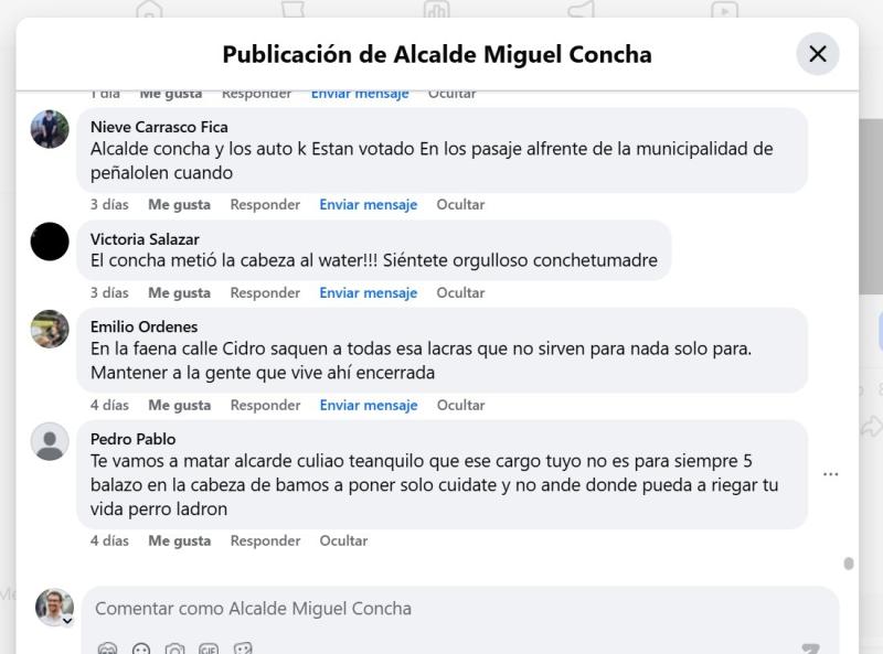 Municipalidad de Peñalolen - Mensajes con amenazas al alcalde Miguel Concha