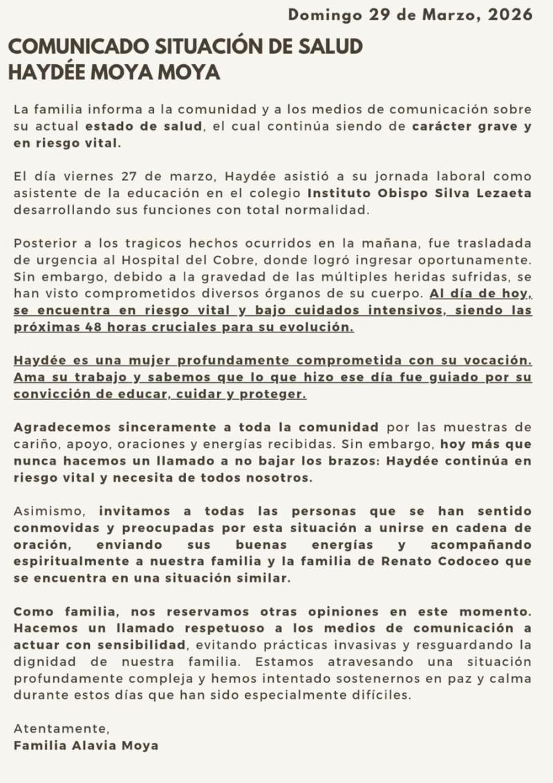 Comunicado de la familia Alavia Moya