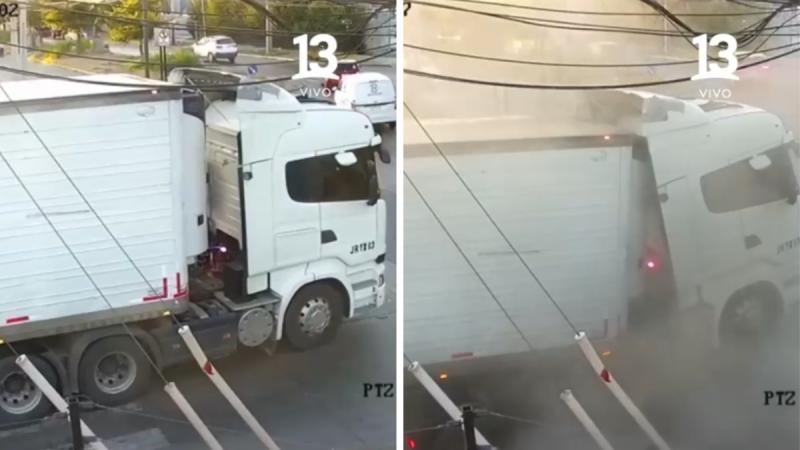 Así fue el momento en el que camión cayó a socavón en Renca - T13