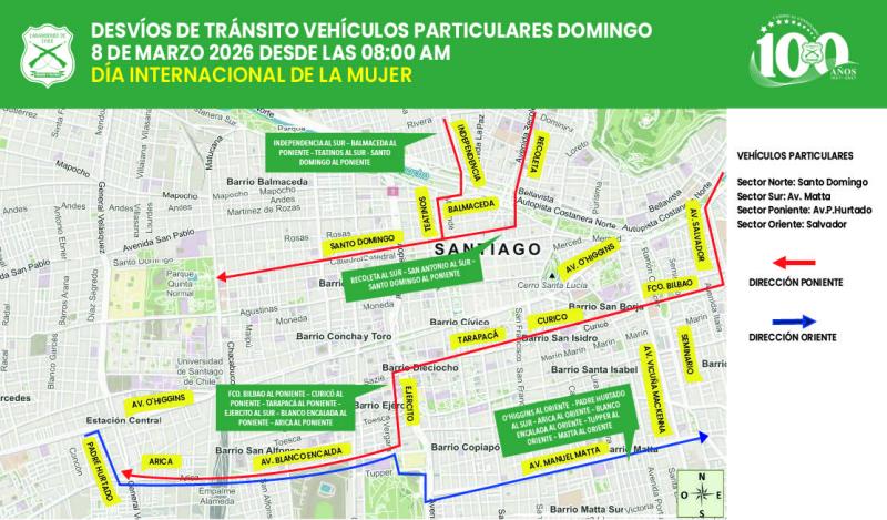 Marcha 8M: Revisa los desvíos de tránsito en Santiago - X @carabdechile