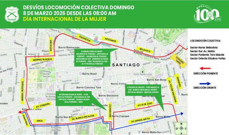 Marcha 8M: Revisa los desvíos de tránsito en Santiago - X @carabdechile