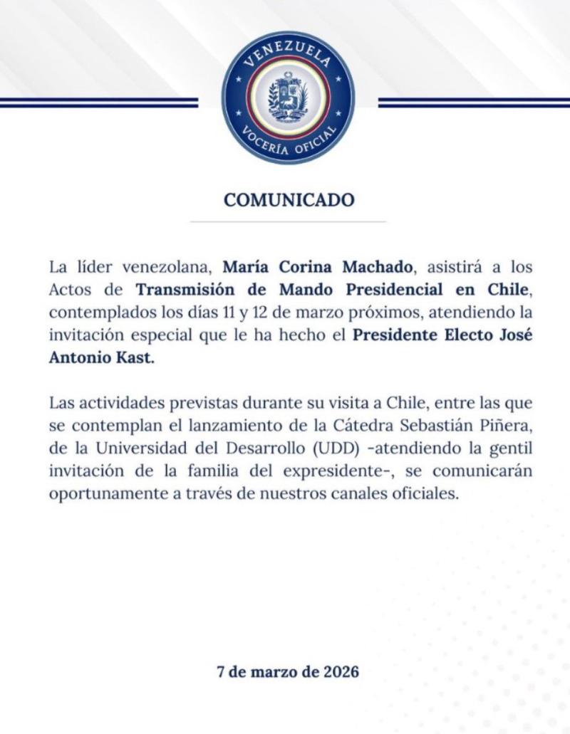María Corina Machado estará presente en el cambio de mando