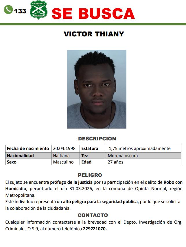 Afiche de búsqueda de presunto homicida de Quinta Normal - Carabineros