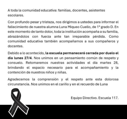 Instagram/escuela117islas - Impacto en Argentina por muerte de niña de 6 años: tenía los cordones desatados