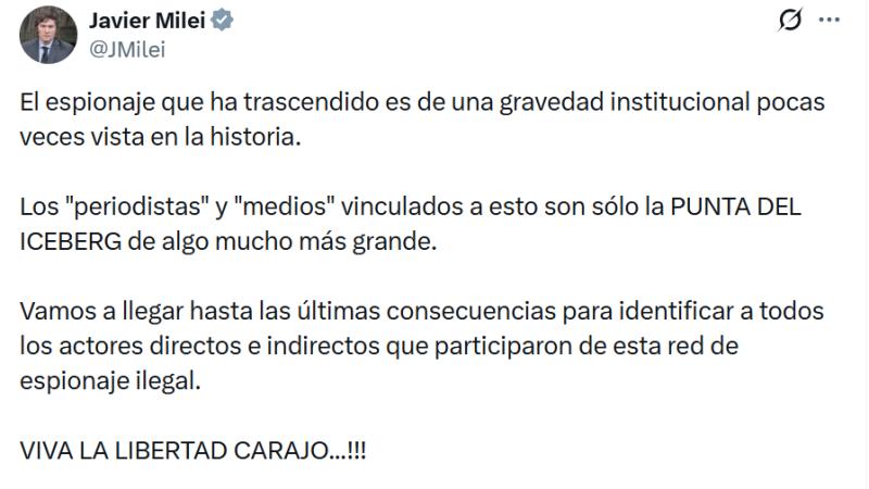 Publicación de Milei sobre la supuesta red de espionaje - X (ex Twitter)