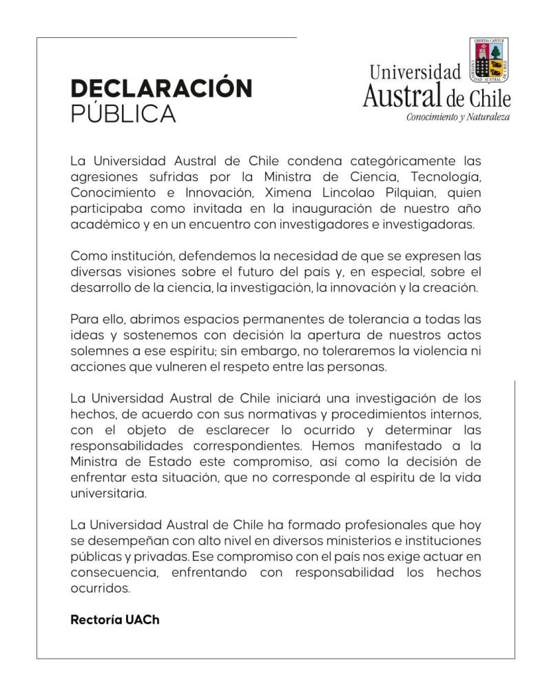 UACh emitió declaración por agresiones contra ministra Lincolao