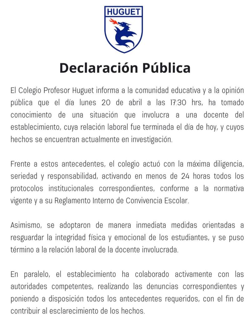 Declaración de colegio de Viña por denuncia contra profesora