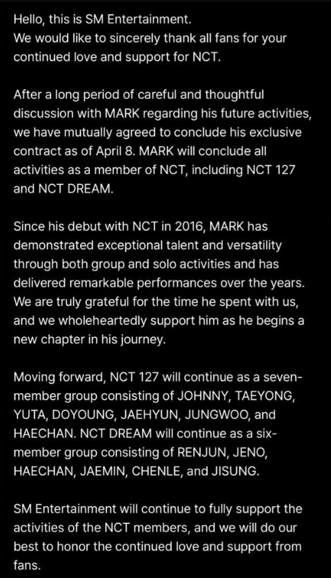 Comunicado sobre la salida de Mark Lee de NCT - SM Entertainment