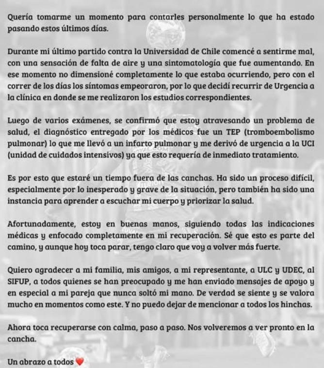Jugador del fútbol chileno sufrió un infarto pulmonar | Instagram